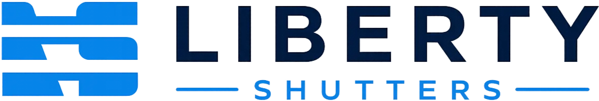 Liberty Shutters logo with window shutter design and text.